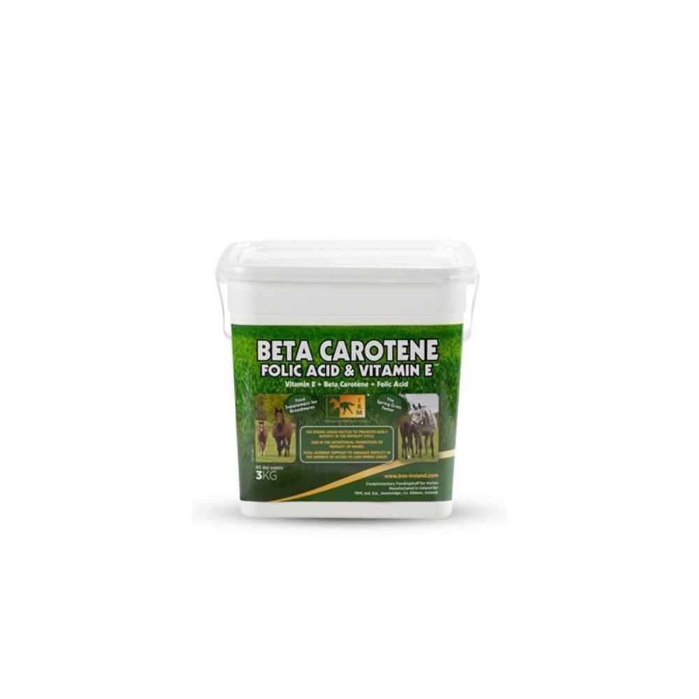 BETA CAROTENE, FOLIC ACID & VITAMIN E supplement by TRM for horse reproductive health.