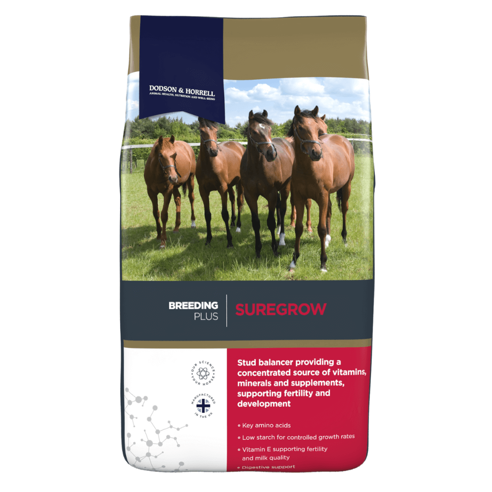 SUREGROW-D&H UK 20-kg complementary horse feed bag with horses in background for balanced nutrition.