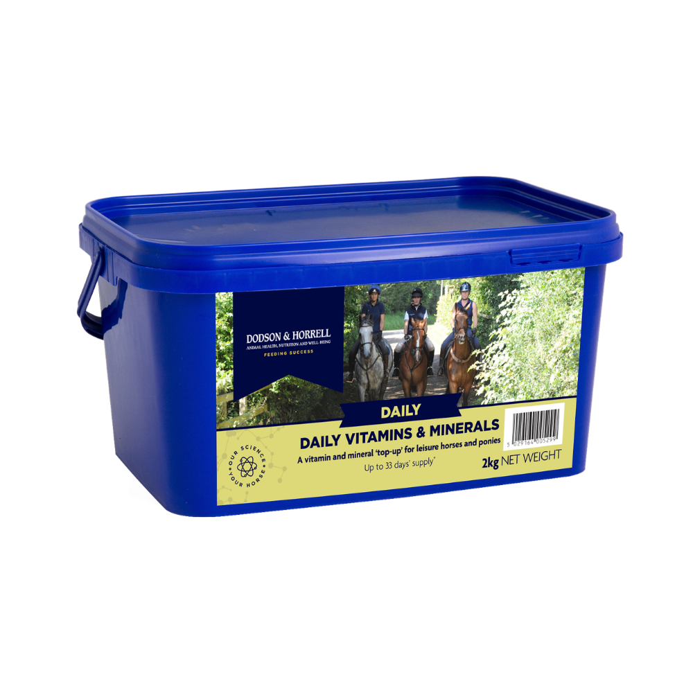 D& H Daily Vitamins & Minerals supplement container for horses and ponies in blue tub, 2kg net weight.