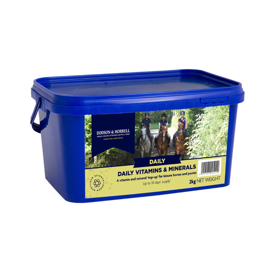 D& H Daily Vitamins & Minerals supplement container for horses and ponies in blue tub, 2kg net weight.