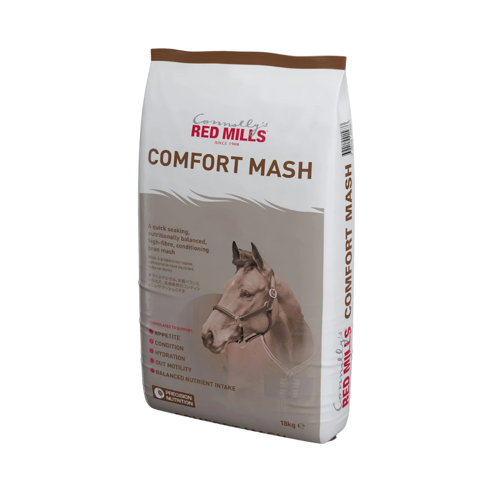 A 18kg bag of Red Mill's Comfort Mash horse feed supplement, featuring a white and brown bag with an illustration of a horse's head on the front.