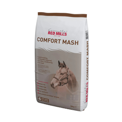 A 18kg bag of Red Mill's Comfort Mash horse feed supplement, featuring a white and brown bag with an illustration of a horse's head on the front.