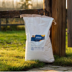 HYPPOLAC premium milk feed powder for foals placed by a wooden fence in a grassy field.
