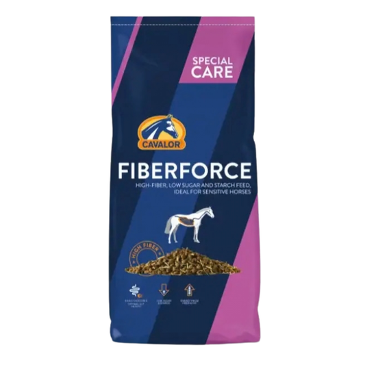 FIBER FORCE by Cavalor, high-fiber and low sugar muesli for sensitive horses, ideal for digestive health.