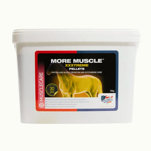 More Muscle XXxtreme Pellets supplement container for building muscle definition and shine in horses.
