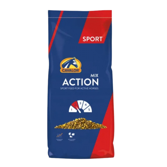 ACTION MIX by Cavalor, premium sport feed for active horses in training, featuring digestible cereals.