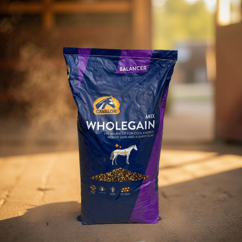 Cavalor WholeGain high-fat conditioning balancer for horses, promoting weight gain and a shiny coat.