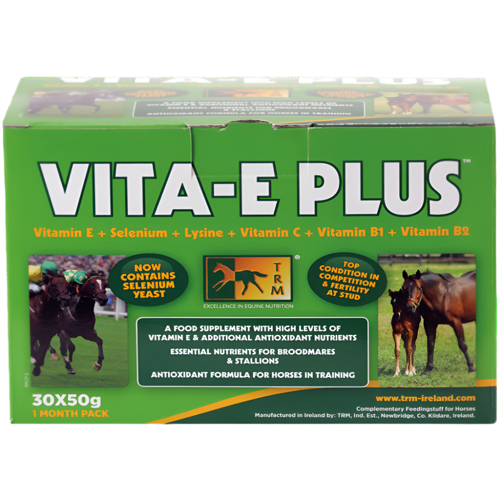 Vita-E Plus supplement box for horses with green background