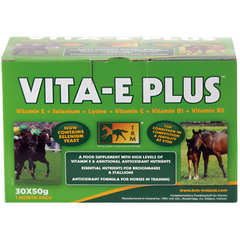 Vita-E Plus supplement box for horses with green background
