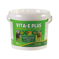 A plastic bucket of VITA-E PLUS horse supplement with images of horses on it, primarily green and yellow in color.