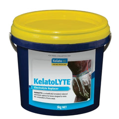 Blue and yellow bucket of KelatoLYTE Electrolyte Replacer on a white background
