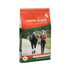 A bag of Saracen Essential Balancer horse feed with a picture of a person riding a horse in the background.
