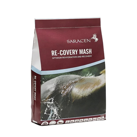 A bag of Saracen RE-COVERY MASH horse feed, with a picture of a horse in motion on the front, indicating optimum hydration and recovery for performance, with a digestibility of 95%.