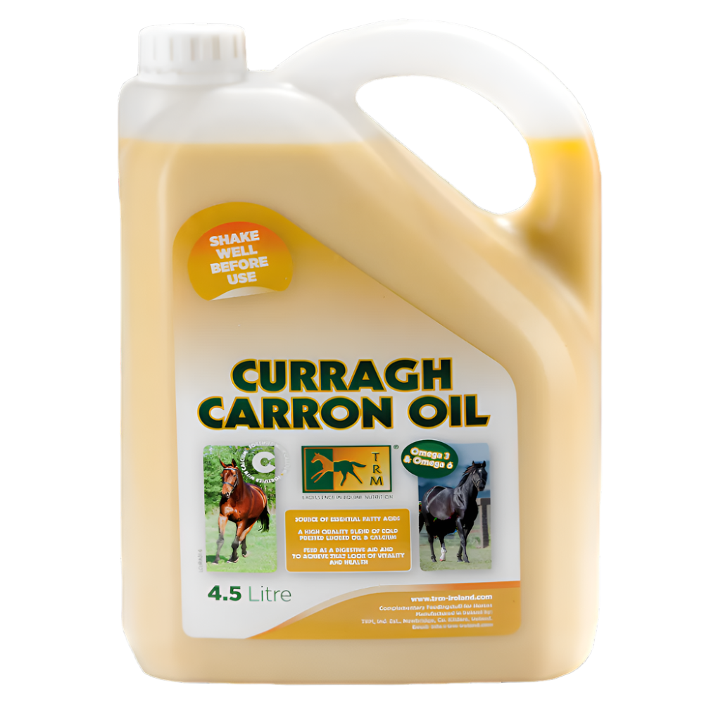 Jug of Curragh Carron Oil with label on a white background