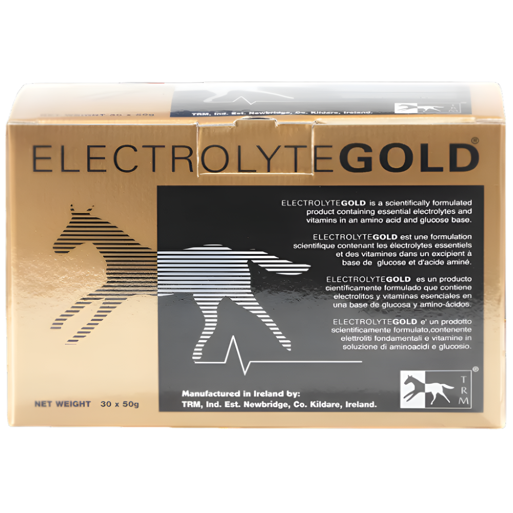 Box of Electrolyte Gold for horses with branding and product details.