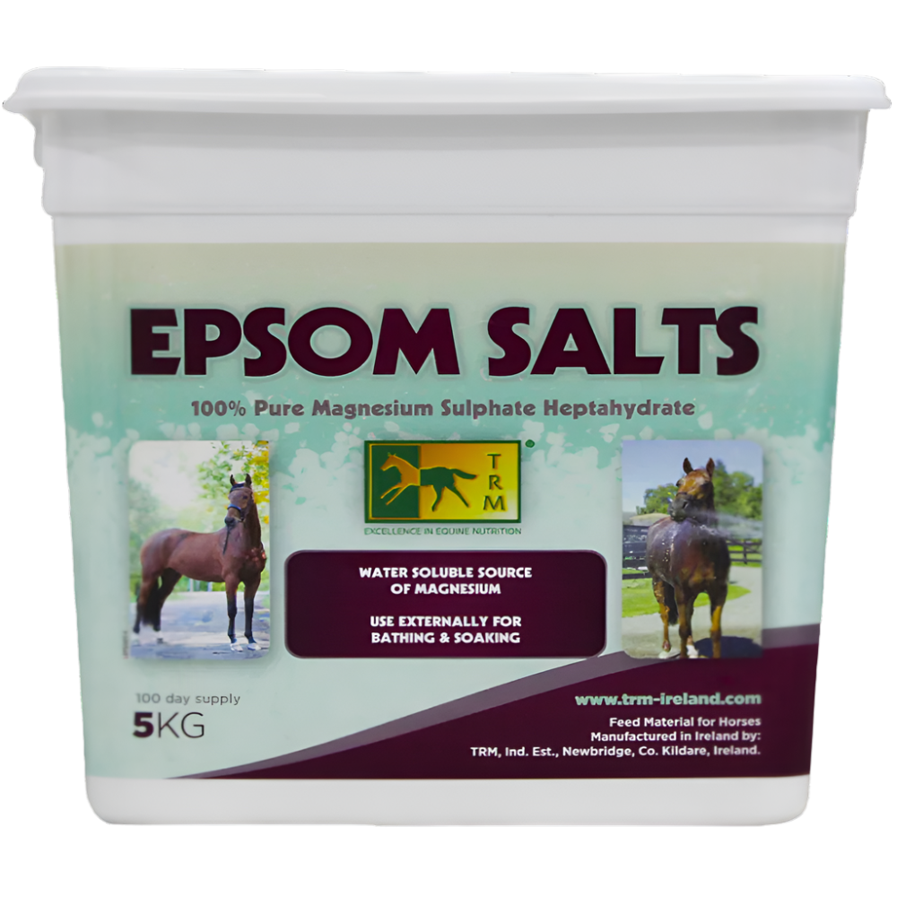A 5 kg container of Epsom Salts for horses, with a label featuring an image of a horse and product information.