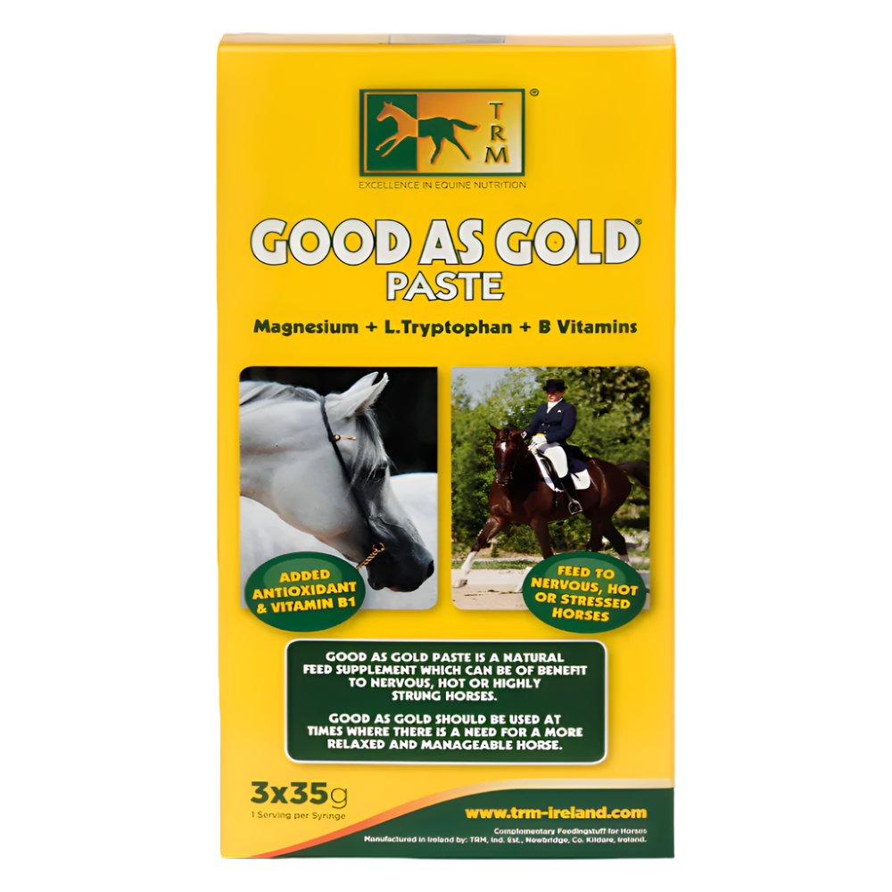 Yellow box of TRM Good As Gold Paste for horses on a white background