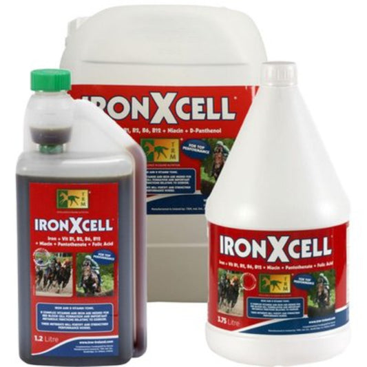Two bottles of IRON X CELL-TRM, one larger and one smaller, with labels indicating it is a nutritional feed for horses. The larger bottle has a green cap, and both display images of horses and graphics indicating the product's use for red blood cell formation.
