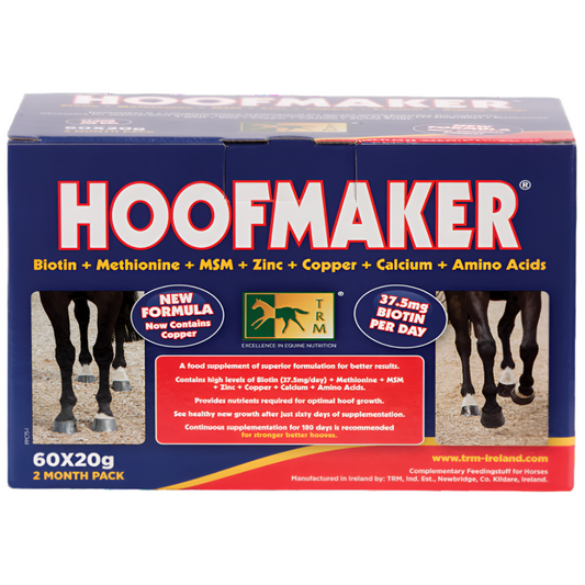 Hoofmaker supplement box for horses with branding and product details on a white background