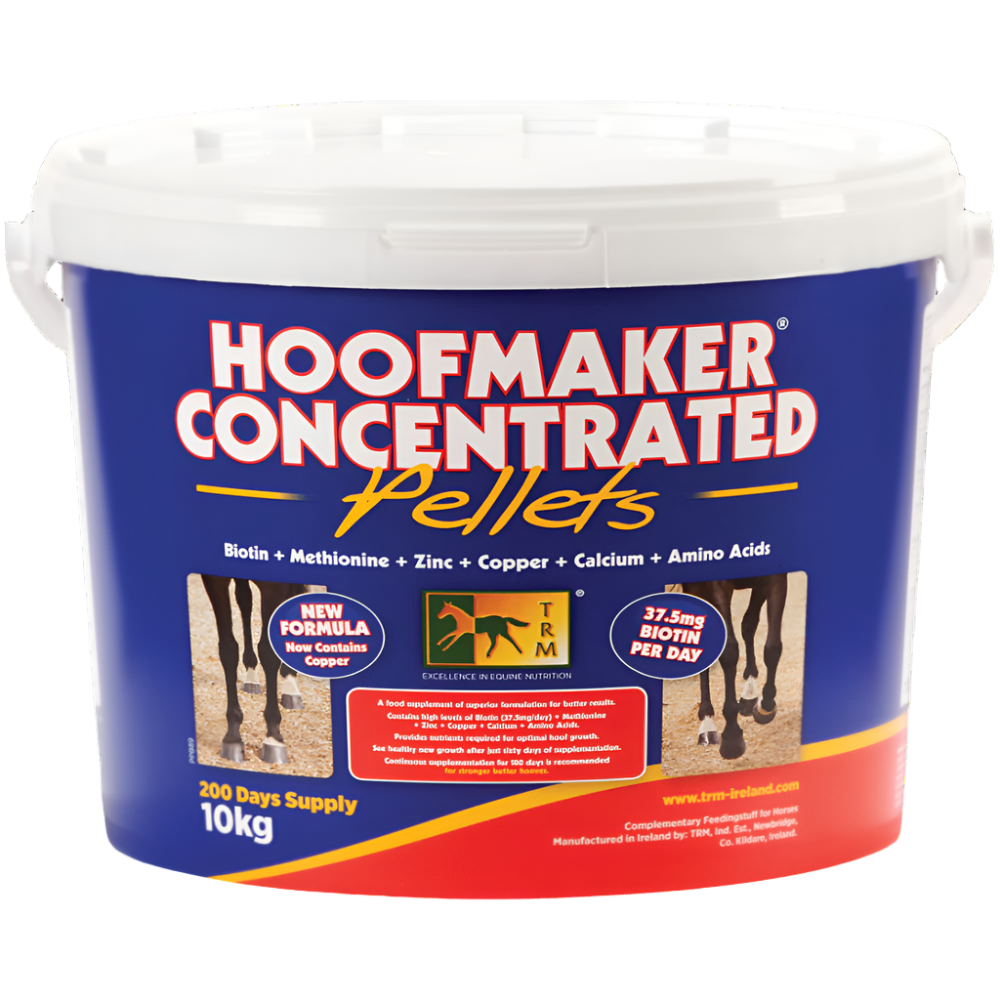 Bucket of Hoofmaker Concentrated Pellets with blue and red label on a white background