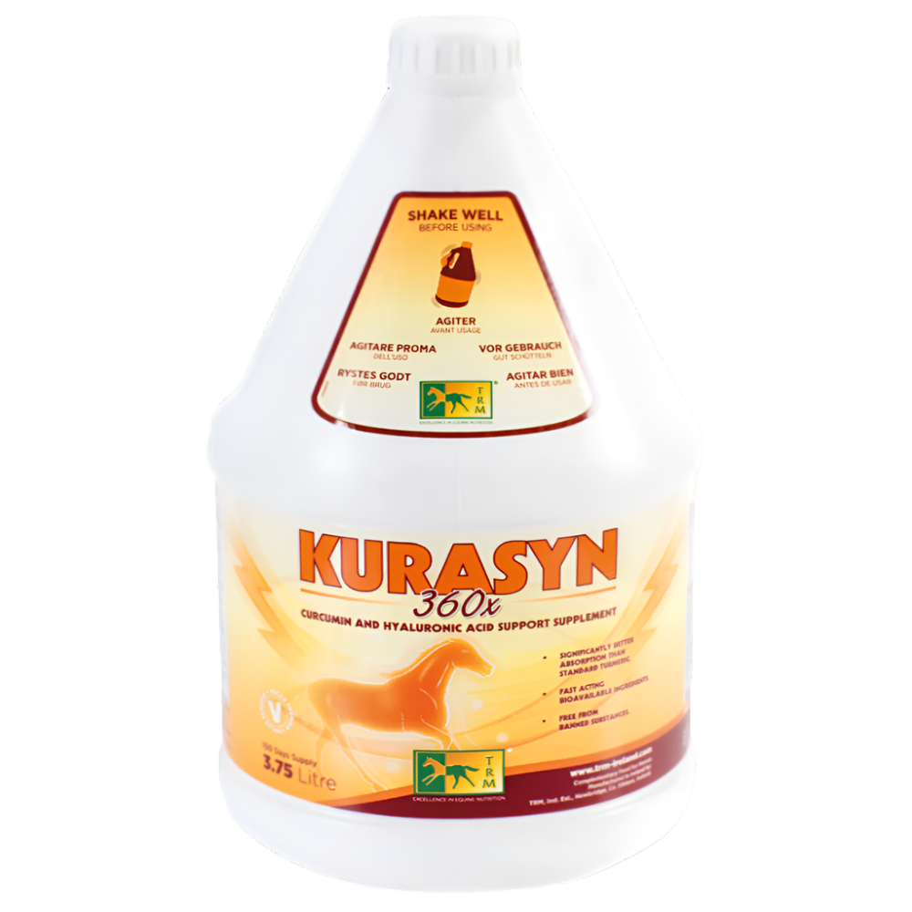 Plastic bottle of KURASYN 360X horse supplement with label showing product information and branding.