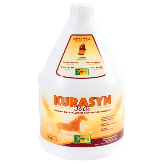 Plastic bottle of KURASYN 360X horse supplement with label showing product information and branding.