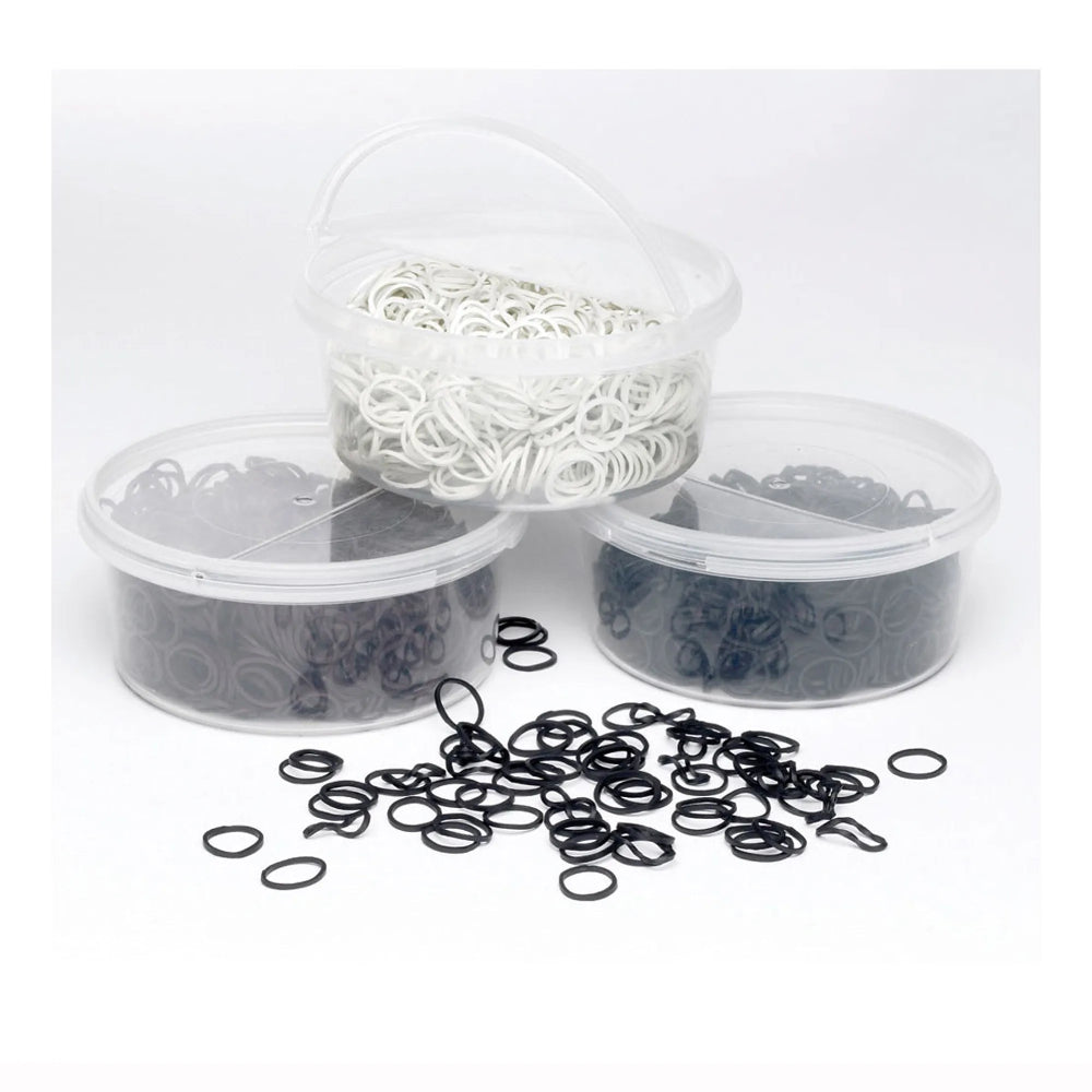 Clear plastic containers with rubber bands on a white background