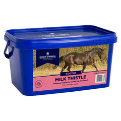D&H MILK THISTLE herbal supplement for horses, supporting healthy liver function in a blue container.