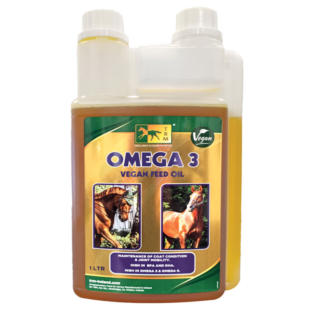 Omega 3 Vegan Feed Oil bottle for horses on a white background