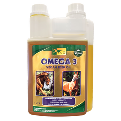 Omega 3 Vegan Feed Oil bottle for horses on a white background