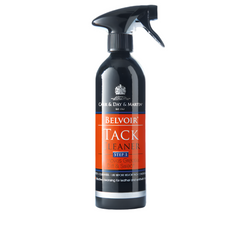 A black spray bottle with a red label, Belvoir Tack Cleaner, designed for cleaning horse tack.
