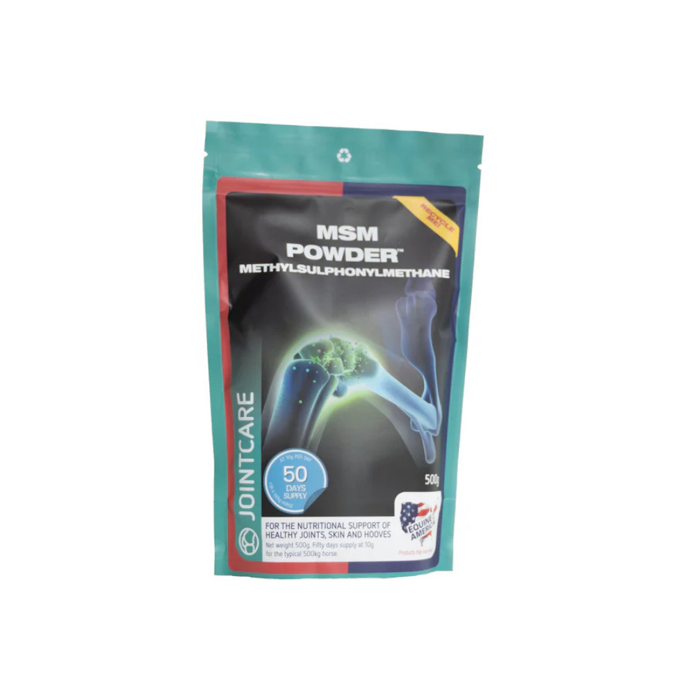 MSM POWDER packaging for joint support and healthy skin, coat, and hooves in horses and ponies.