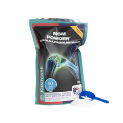 MSM POWDER packaging designed for joint support in horses and ponies, featuring a scoop for easy measurement.