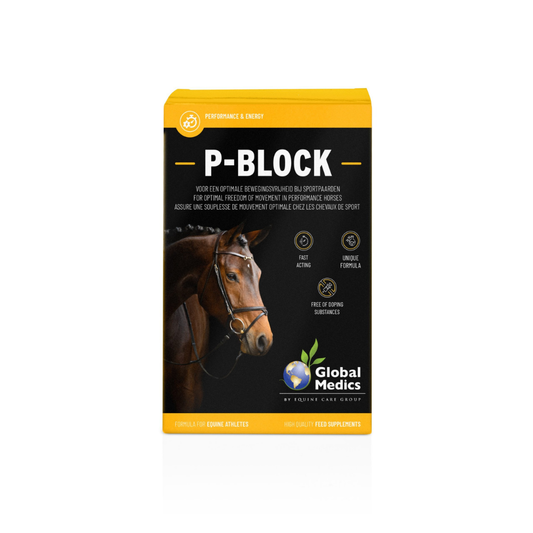P-Block soothing support for equine movement, performance and energy nutritional supplement for horses.