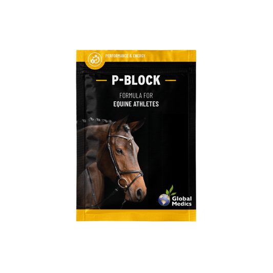P-BLOCK nutritional supplement package designed for equine athletes, promoting performance and energy.