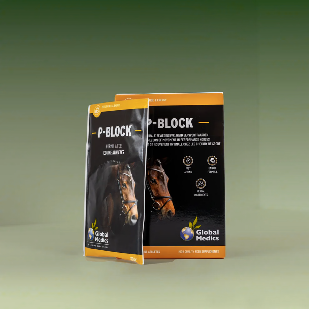 P-BLOCK nutritional supplement packaging for equine athletes by Global Medics.