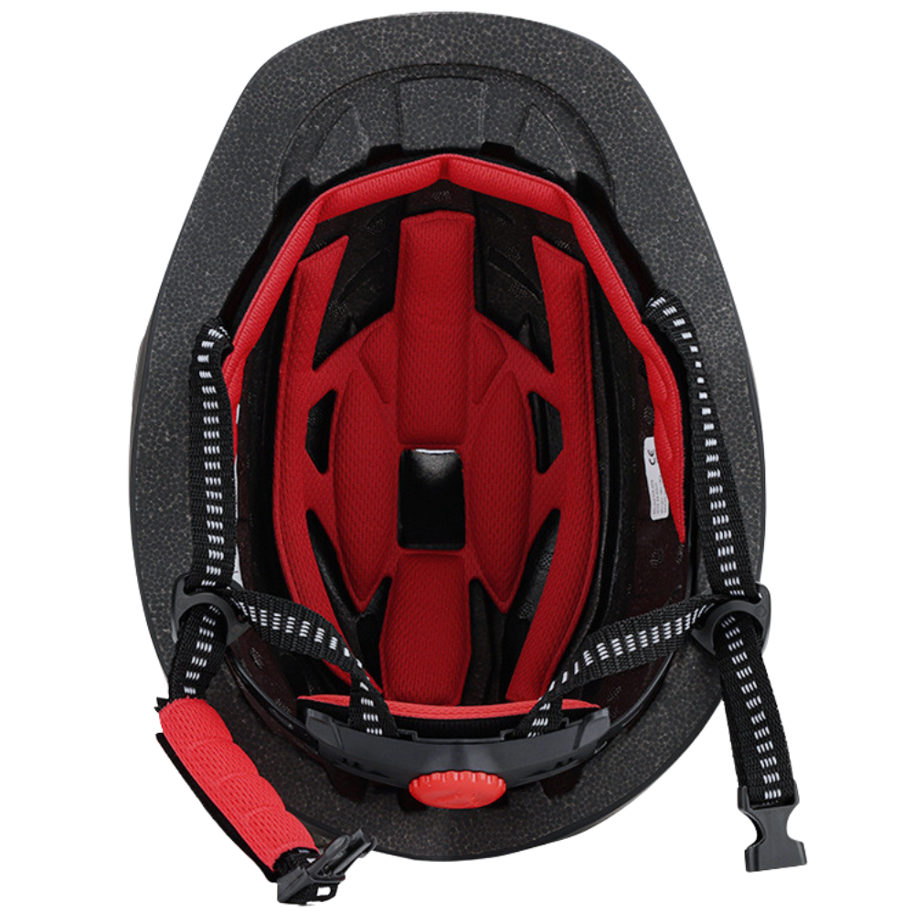 Interior view of the Alzarrab Ucaco AeroLite Pro Riding Helmet showcasing its red padding and adjustable straps.
