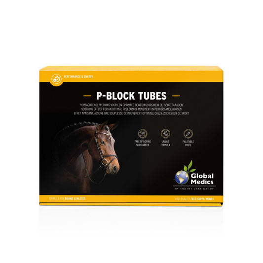 P-Block Tubes packaging for equine athletes, featuring a horse, showcasing doping-free energy supplement.