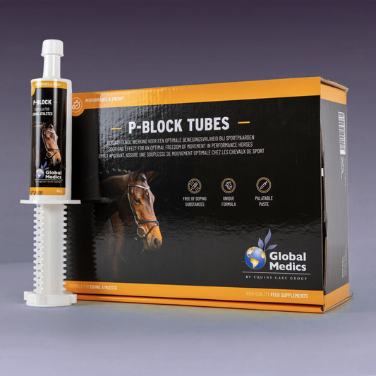 P-Block Tubes supplement for equine athletes, promoting performance and energy, packaged with optimal dosing for horses.