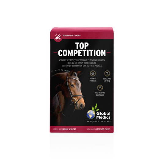 Top Competition endurance and recovery supplement packaging for equine athletes by Global Medics.