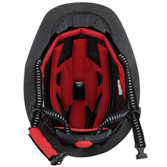 Interior view of the Alzarrab Ucaco AeroLite Pro Riding Helmet showcasing its red padding and adjustable straps.
