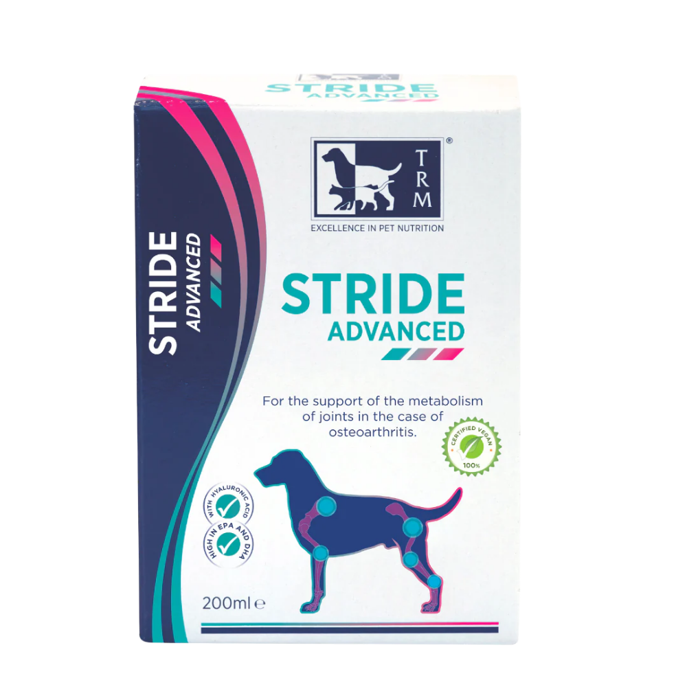 STRIDE ADVANCED product packaging for joint support in dogs with osteoarthritis, 200ml.