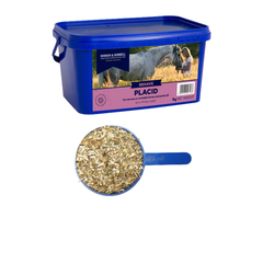 Premium D&H PLACID calming supplement for nervous horses with herbal ingredients in a blue container.
