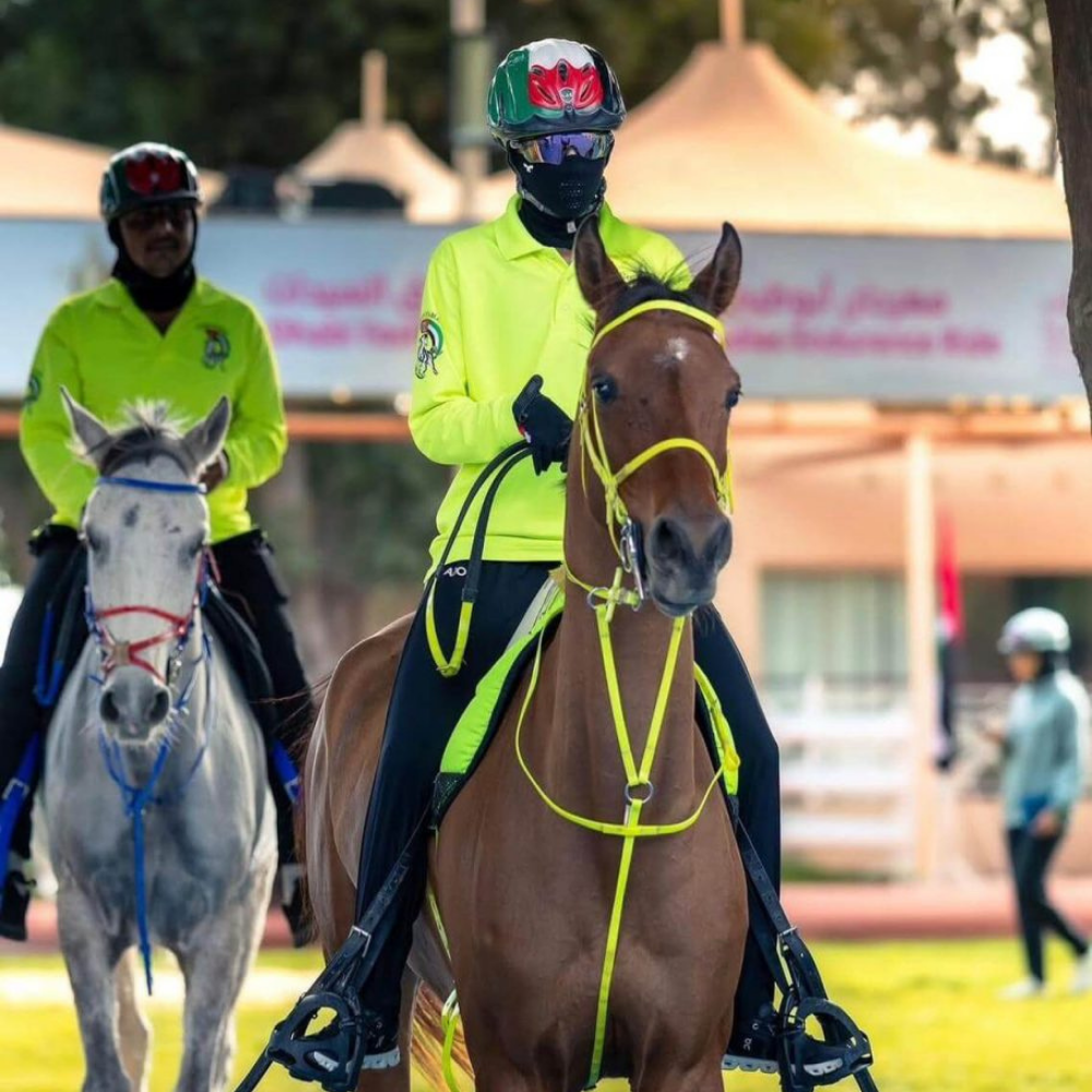 Two riders in bright yellow outfits with horses in an equestrian setting, featuring the N1 Riding Mask for protection.