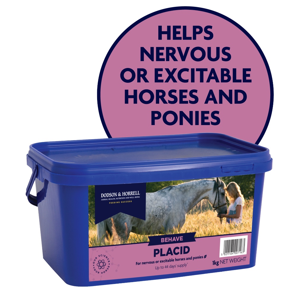 D&H PLACID calming supplement for nervous or excitable horses and ponies in a 1kg tub.