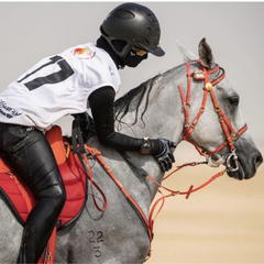 N1 RIDING MASK worn by a rider in a black helmet, training on a grey horse in a desert setting.