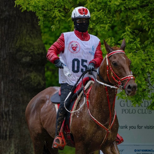 Rider wearing N1 RIDING MASK on a brown horse during an equestrian event at Guards Polo Club, UAE.