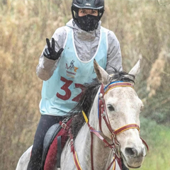 Rider wearing N3F Riding Mask on a gray horse during a rainstorm, showing a peace sign.