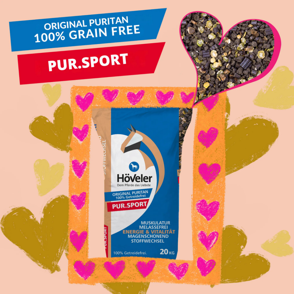PUR.SPORT horse feed bag by Höveler with a colorful heart background, promoting energy and wellbeing for horses.
