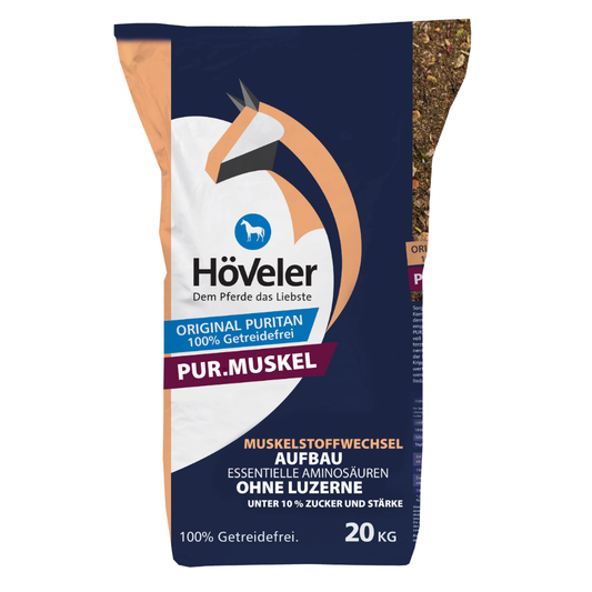 Höveler PUR.MUSKEL 20kg bag of premium grain-free horse muesli for muscle metabolism and performance.